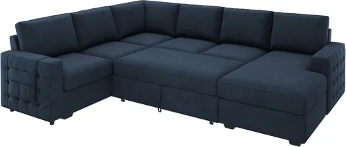 Vista 9 de HONBAY Sofá cama modular con cama extraíble, sofá seccional en forma de U, cama con diván de almacenamiento, sala de estar, sofá modular de 6 Azul