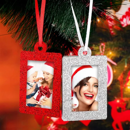 Vista 3 de Jetec 36 marcos de fotos con brillantina para decoración de árbol de Navidad, mini marco de fotos de fieltro, marco pequeño para colgar, regalos