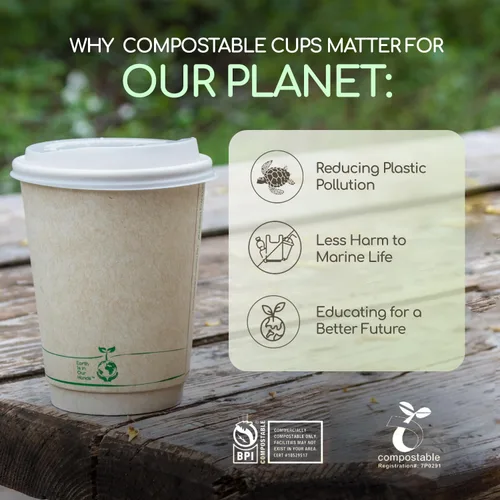 Vista 6 de Living Balance - Tazas de café compostables certificadas con tapas, 12 onzas, paquete de 100 con agitadores y mangas integradas, resistentes