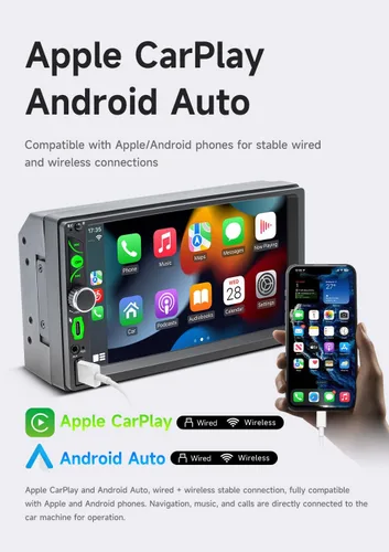Vista 2 de Estéreo inalámbrico de doble DIN para coche con pantalla de radio Apple CarPlay para receptores de audio de coche, Bluetooth Car Play Android Auto