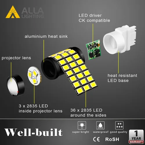 Vista 3 de Alla Lighting T25 3157 3156 Freno estroboscópico LED, bombillas de marcha atrás de respaldo, 6000K xenón blanco súper brillante 2835 39-SMD alta