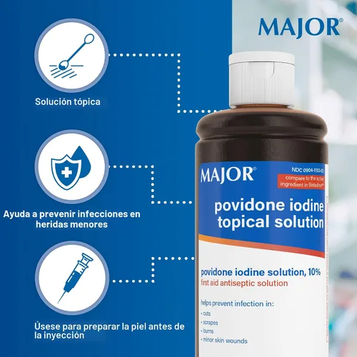 Vista 5 de Major Solución tópica líquida de povidona yodada al 10%, USP - Antiséptico tópico para cortes, rasguños, quemaduras y heridas menores en la piel - 8