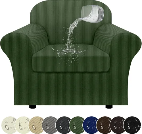 Vista 23 de Funda impermeable para silla con brazos, juego de 2 piezas, funda a rayas para 1 sofá separado con cojín en T, fundas de sillón de tela