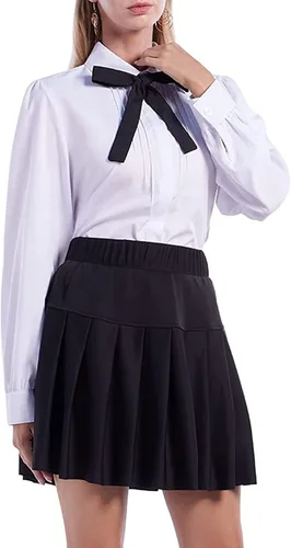 Vista 2 de MSEVRNY Blusa de manga larga con nudo de lazo de gasa para mujer, uniforme escolar, color blanco, camisa con botones
