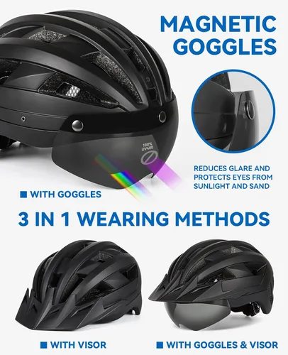 Vista 2 de Casco de bicicleta para adultos con visera y gafas para hombres y mujeres, casco de bicicleta de montaña y carretera, casco de ciclismo con luz