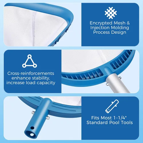 Vista 3 de Red profesional de desnatador de piscina de 6 pies con 6 postes de aluminio, malla fina para eliminación rápida de desechos, redes de piscina