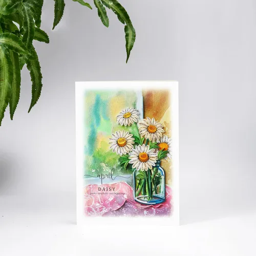 Vista 2 de Tarjeta de margarita de cumpleaños de abril, 5 x 7 pulgadas, patrón floral, tarjeta con sobre