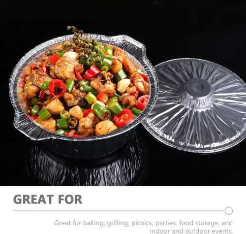 Vista 5 de ABOOFAN Sartén redonda de aluminio con tapas Ollas de papel de aluminio de 13 pulgadas Contenedor de alimentos desechable para microondas Contenedor