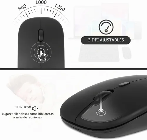 Vista 7 de Combo de teclado y mouse Bluetooth ultra delgado, recargable, portátil, compacto, inalámbrico, juego de teclado para PC, computadora, tableta Negro
