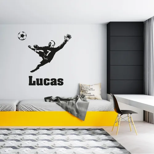 Vista 22 de Calcomanía personalizada con jugador de fútbol que pasa una pelota y una pelota enorme, decoración de fútbol de larga duración para la habitación