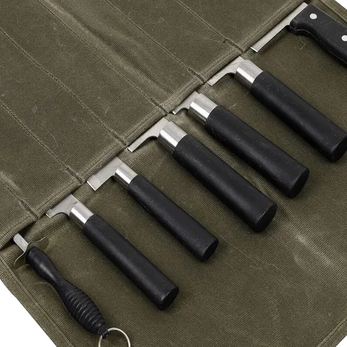 Vista 4 de Rollo de cuchillo, bolsa de rollo de cuchillo de chef, estuche de lona encerada para cuchillos con 7 ranuras, envoltura portátil para cuchillos
