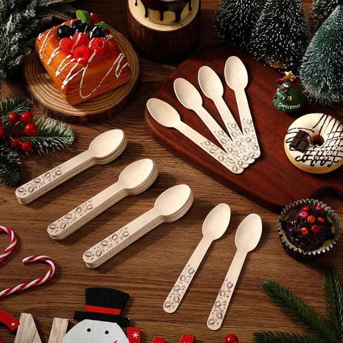Vista 7 de Hoolerry 100 piezas cucharas de madera desechables de Navidad 14 cm Barra de degustación de invierno con sabor a barra de caramelo de chocolate