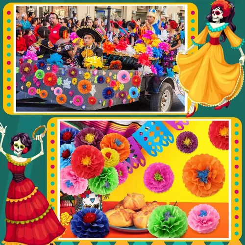 Vista 6 de Geyee 27 piezas de flores de papel mexicanas coloridas para fiestas, carnaval mexicano para telón de fondo de fiesta floral, cumpleaños, boda
