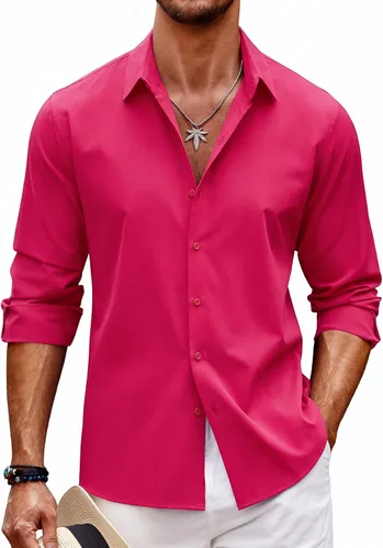Vista 6 de Barry.Wang Camisas de discoteca de los años 70 para hombre, camisas beige B