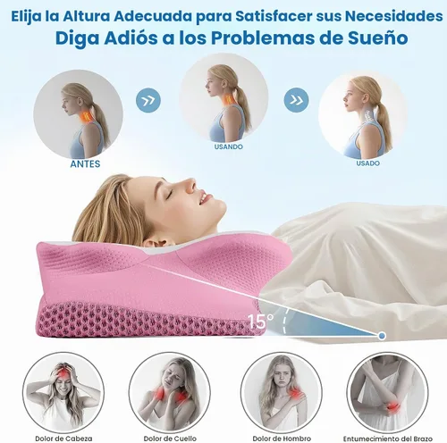 Vista 4 de Almohada cervical ergonómica de espuma viscoelástica para dormir, tamaño Queen rosa