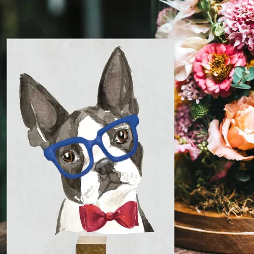 Vista 119 de Andaz Press Póster impreso para pared de perro, 8.5 x 11 pulgadas, Bulldog inglés con gafas negras, 1 paquete, regalo de cumpleaños de Navidad, sin