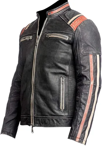 Vista 2 de LP-FACON Chaqueta de cuero genuino vintage negro envejecido Cafe Racer Retro Biker para hombre