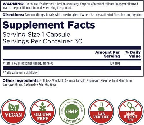 Vista 2 de KAL Suplemento liposomal de vitamina K2 con MK7 de 100 mcg - Alta absorción, tecnología liposomal - Soporte óseo avanzado, vegano, sin gluten, hecho