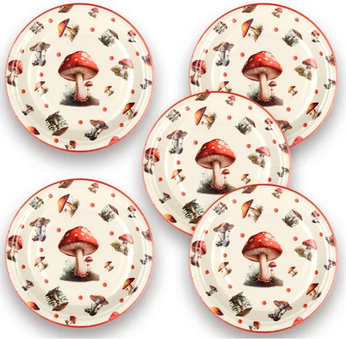 Vista 3 de 50 platos de papel desechables, 7 pulgadas, platos de postre de hongos rojos para primavera y verano, bosque, salvaje, vibrante, setas, decoraciones