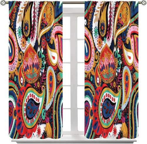 Vista 211 de Cortinas opacas con estampado de flores de cachemira, estampado de cachemira sobre fondo blanco, para decoración del hogar, cocina, restaurante