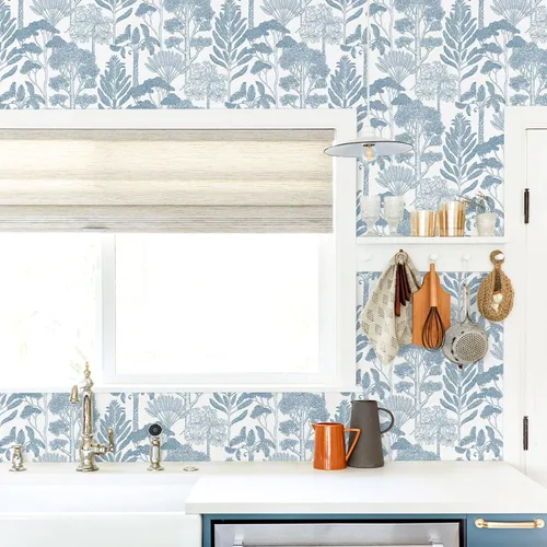Vista 5 de Papel tapiz azul y blanco, moderno, para despegar y pegar, papel de contacto de árbol del bosque para gabinetes, papel adhesivo autoadhesivo