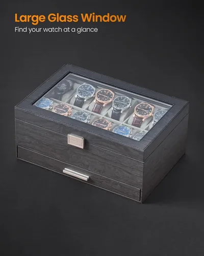 Vista 5 de Hzuaneri Caja de reloj, regalos de Navidad, caja de reloj de 12 ranuras con tapa de vidrio, caja de joyería extraíble, organizador de caja
