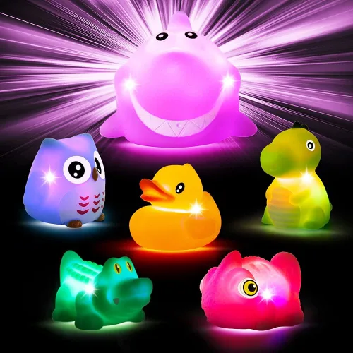 Vista 8 de Juguetes de baño para niños pequeños de 1 a 3 años, sin agujeros, bonitos juguetes de bañera de goma flotante con luz LED colorida intermitente