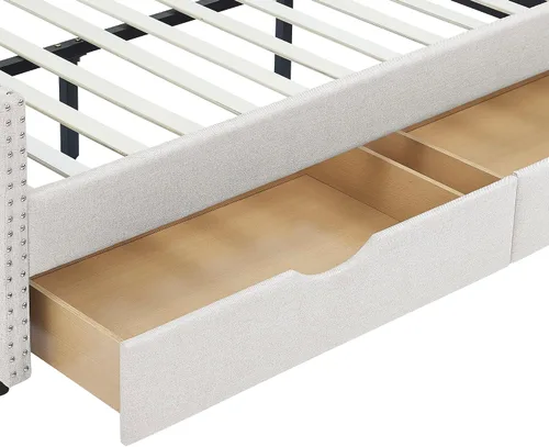 Vista 8 de Linuque - Sofá cama tapizado de tamaño matrimonial con 2 cajones de almacenamiento, marco de sofá cama de madera maciza con respaldo copetudo
