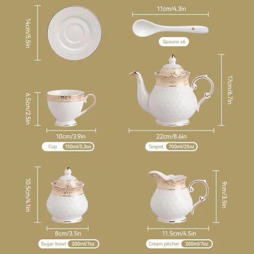 Vista 3 de Sweejar Juego de té de porcelana de 21 piezas, tetera vintage con ribetes dorados, juego de taza y platillo, taza de té para té suelto, azucarero
