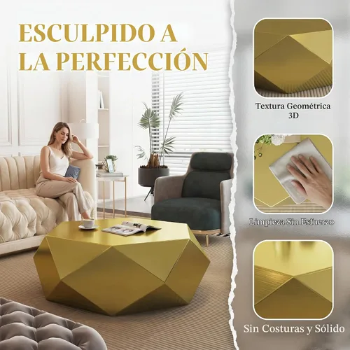 Vista 3 de SSLine Mesa de centro moderna de tambor para sala de estar, mesa de centro de acero inoxidable dorada de lujo de 39.4 pulgadas, mesas centrales