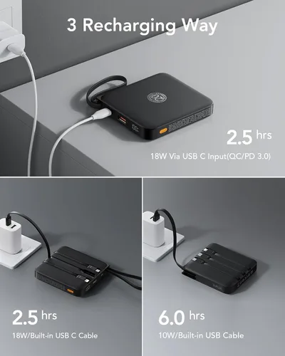 Vista 2 de VRURC Cargador portátil de 20000 mAh de carga rápida de 20 W con 4 cables incorporados Travel Essentials, batería externa para iPhone serie