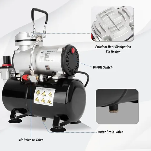 Vista 5 de Timbertech Compresor de aerógrafo, mini compresor AS186 sin aceite de un solo pistón de alto rendimiento con tanque de 3L, regulador, trampa