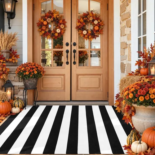 Vista 12 de KIMODE - Alfombra de algodón tejida con diseño a rayas en color negro, para puerta de entrada, cocina, decoración de estilo rústico