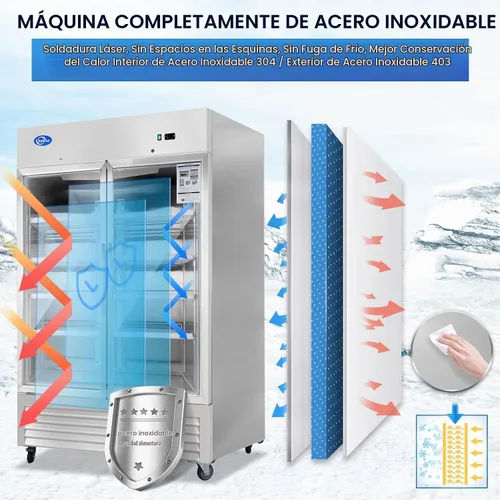Vista 8 de Refrigerador de bebidas, refrigerador de bebidas de 49 pies cúbicos con puerta de vidrio, refrigerador comercial con 8 estantes ajustables