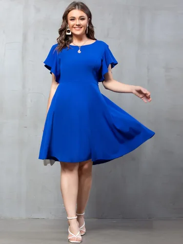 Vista 3 de Vestido de verano para mujer con mangas voladas cintura alta cuello redondo manga de mariposa dobladillo acampanado longitud hasta la rodilla