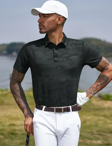 Vista 71 de TAPULCO Camisetas tipo polo de secado rápido para hombre, diseño de camuflaje, atléticas, ligeras, transpirables, casuales, para golf