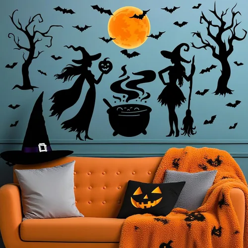 Vista 3 de Calcomanías de Halloween para ventana, calcomanías de brujas negras, calcomanías de pared de Halloween, murciélagos de árbol negro, murales de arte