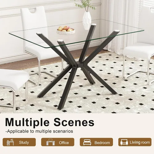 Vista 5 de Mesa de Comedor Moderna de Vidrio Templado Mesa de Cena, Mesa de Cocina Rectangular con Patas de Metal Resistentes, Diseño Minimalista