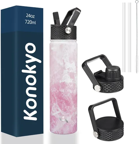 Vista 99 de Konokyo - Botella de agua aislada de 18 onzas, botellas deportivas de acero inoxidable con 3 tapas, verde militar