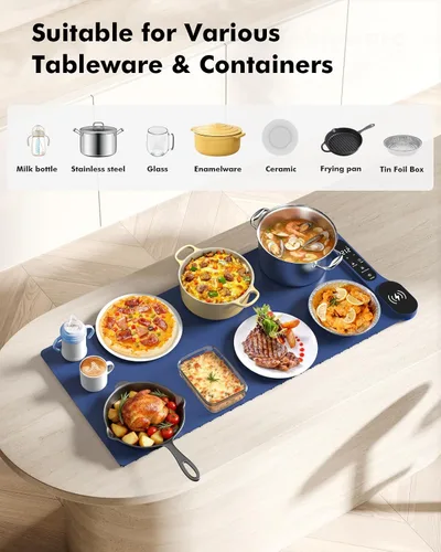 Vista 4 de Nuevo Tapete de Calentamiento de Alimentos con Cargador Inalámbrico, 34"x15" Extra Grande Enrollable Calentador de Alimentos, Tapete