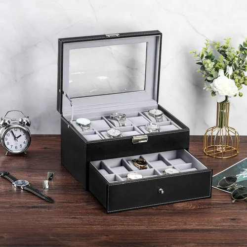Vista 2 de BASTUO Caja de reloj para hombres 20 relojes organizador con funda de almacenamiento de reloj de piel sintética, organizador de colección de joyas