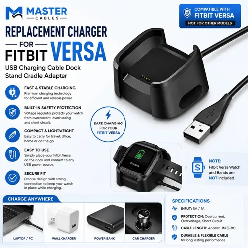 Vista 2 de Master Cables Cargador de repuesto para reloj inteligente Fitbit Versa, cable de carga USB, adaptador de base con carga rápida y protección