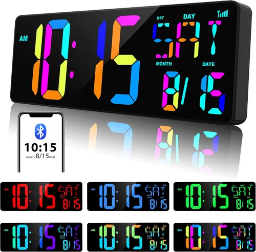 Vista 8 de XREXS Reloj de pared digital grande de 17.2 pulgadas, sincronización Bluetooth, relojes atómicos precisos con control remoto, reloj de abuelo