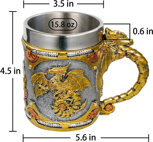 Vista 5 de alikiki Taza medieval steampunk de dragón, 15.8 onzas, dragones mecánicos renacentistas, cerveza, jarra, jarra, taza de café inoxidable, taza