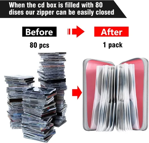 Vista 4 de Siveit Funda para CD, soporte para CD/DVD, cartera con capacidad para 80, fundas para CD y DVD, estuches duros de plástico para CD y DVD, Rosa claro