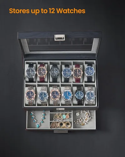 Vista 4 de Hzuaneri Caja de reloj, regalos de Navidad, caja de reloj de 12 ranuras con tapa de vidrio, caja de joyería extraíble, organizador de caja