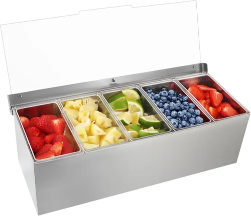 Vista 8 de MOLIGOU Servidor de condimentos refrigerado con tapa, bandeja de condimentos refrigerados con 5 compartimentos extraíbles, recipientes para servir