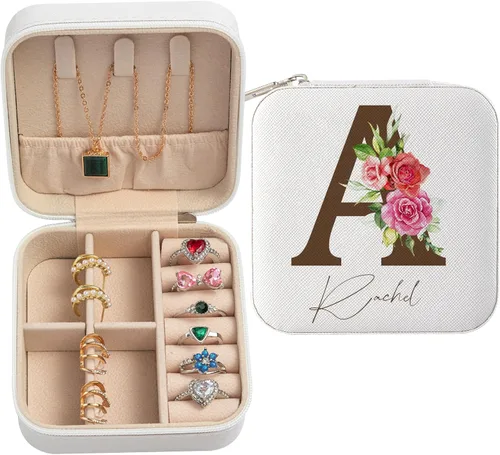 Vista 2 de Caja organizadora de joyas personalizada, joyero de viaje portátil con letras y nombre para regalos de cumpleaños, San Valentín, Acción de Gracias
