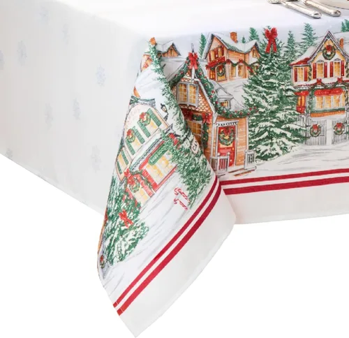 Vista 8 de Elrene Home Fashions - Mantel redondo de Navidad con bordes de pueblo navideño, resistente a arrugas, 177,8 x 177,8 cm, multicolor