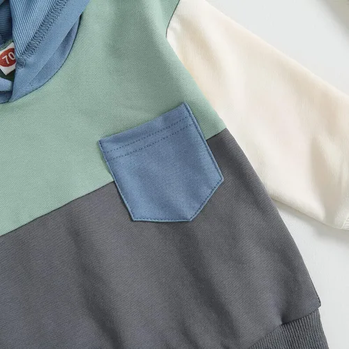 Vista 4 de Ropa de otoño e invierno para bebés, niños y niñas, sudadera con capucha con bloques de color, sudadera con capucha y pantalones elásticos